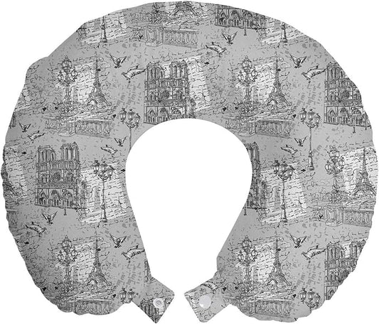 Ambesonne Paris Travel Pillow Neck Rest, Vintage Monochrome Image Seine River Notre Dame Doves Scenes from Europe, Memory Foam Traveling Accessory for Airplane and Car, 12", Grey Black White