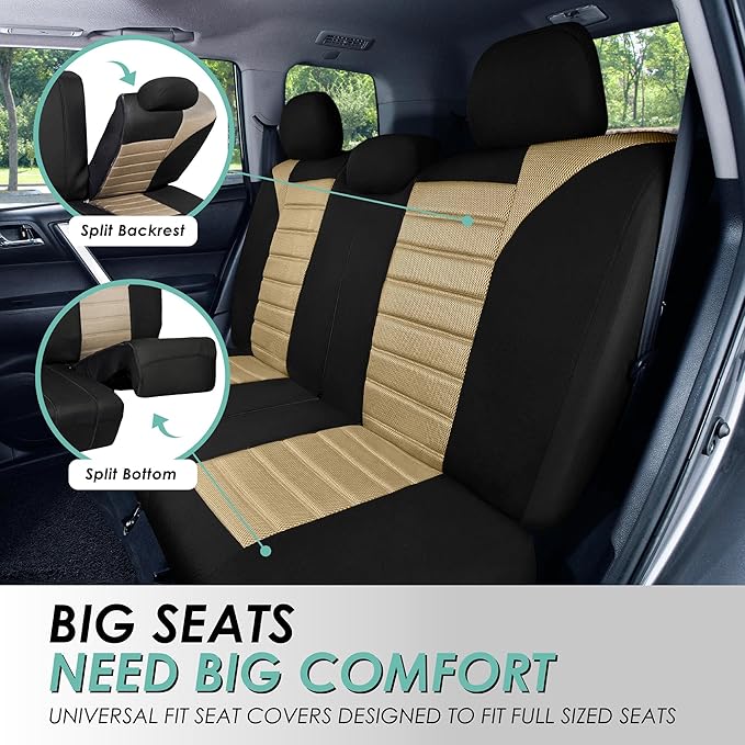 FH Group Automotive Car Seat Covers Rear Set Premium 3D Air Mesh Seat Covers, Airbag Compatible and Split Bench Cover Universal Fit Interior Accessories for Cars Trucks and SUVs - Beige