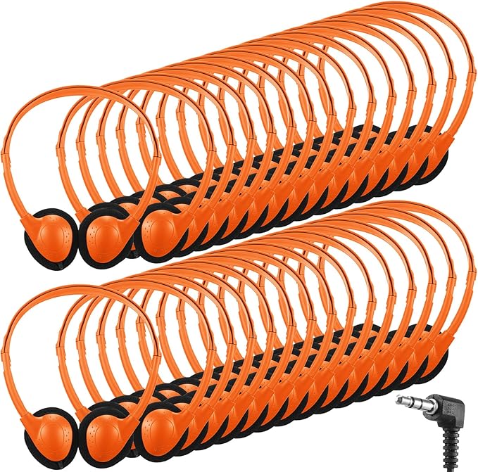 Konohan 30 Pack Headphones Bulk Headphone for School Classroom Student Wired Headphones Adjustable with 3.5 mm Jack for Adults (Orange)
