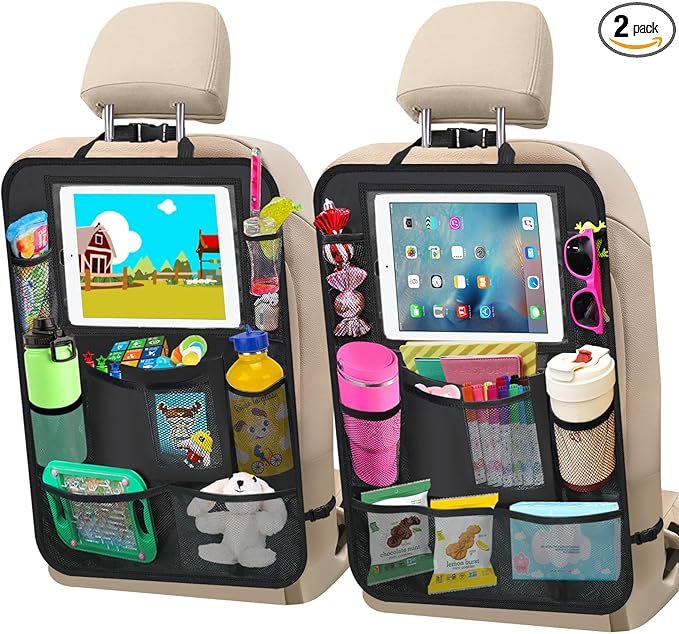 Car Backseat Organizer ，2 Pack Car Organizer Back Seat with 11" Tablet Holder, 10 Storage Pockets Seat Back Protectors Kick Mats for Kids Toddlers, Travel Accessories (Black)