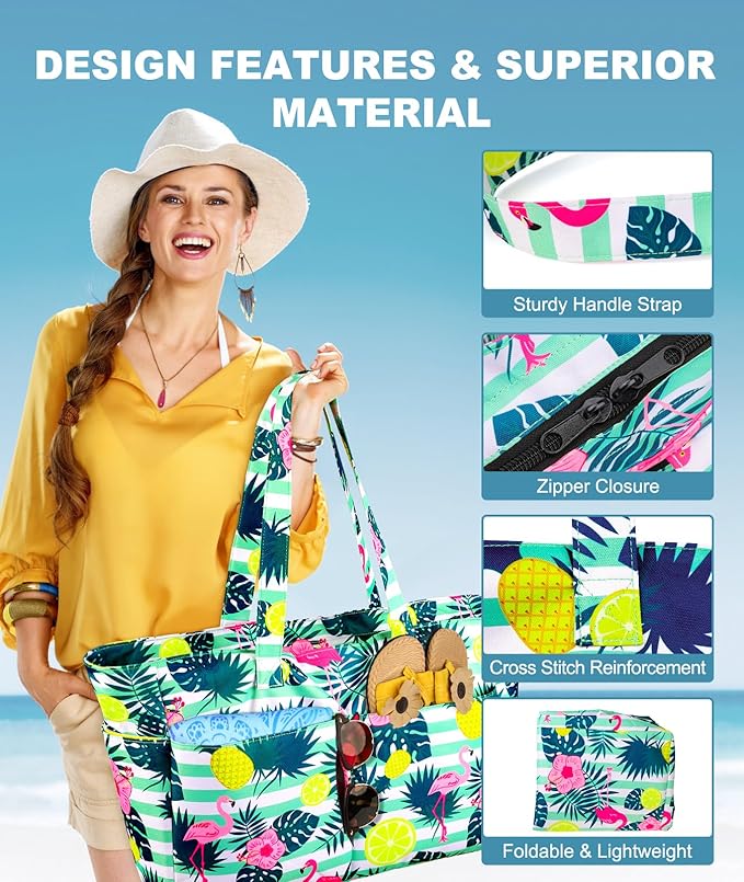 Extra Large Beach Bag Waterproof Beach Totes Bags for Women, Lightweight Foldable Pool Bag with Zipper Wet Compartment