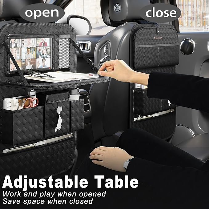 Car Seat Organizers,Multi-functional Back Seat Protectors, Storage Pouches, and Tray Holders (for Cars, Kids, Seat Back and Rear Seats) (Woven Black, 1 Pcs)