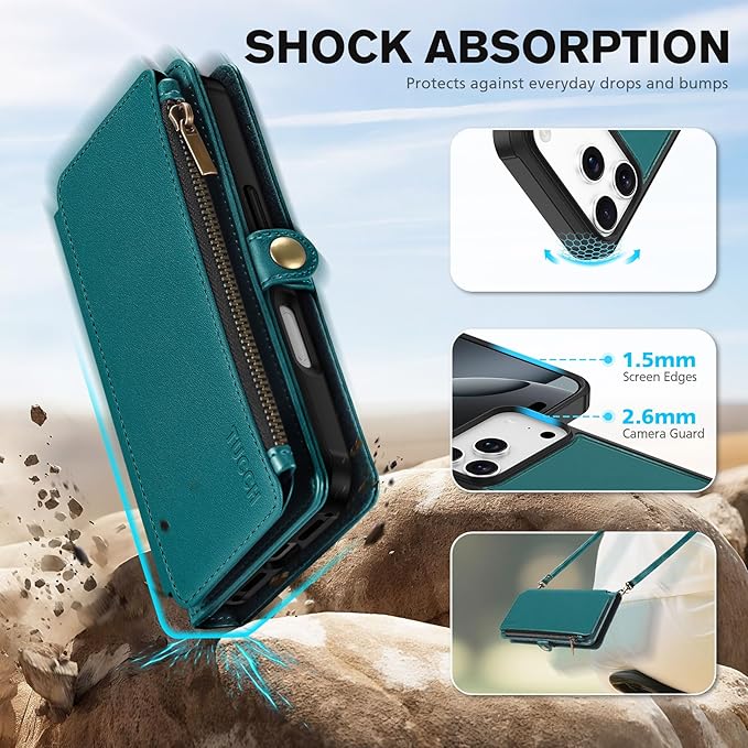 TUCCH Detachable Crossbody Wallet Case for iPhone 17 Pro (6.3"), 9 Card Holders RFID Blocking | Lanyard | Wrist Strap | Wireless Charging | Zipper Pocket | PU Leather | Stand Flip Cover | Bluish Green