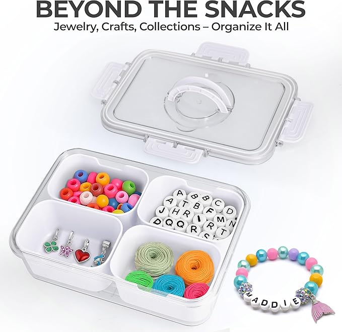 Snackle Box Container with Lid- Travel Charcuterie Box with Handle - Organizer for Candy, Fruit, Nuts, Veggies, Snacks, Beach Essentials, Portable Lunch Box (Bright White, Small)