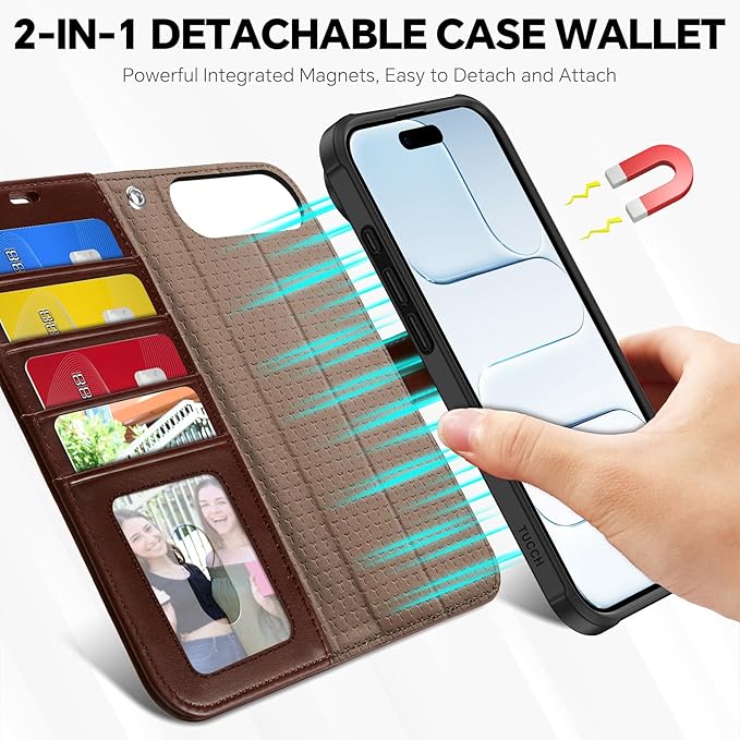 TUCCH 2-in-1 Detachable Wallet Case for iPhone Air (6.5-inch) 2025, Wireless Charging | RFID Blocking 4 Card Holders | Wrist Strap | Kickstand | Magnetic | PU Leather Folio Cover | Chocolate Brown
