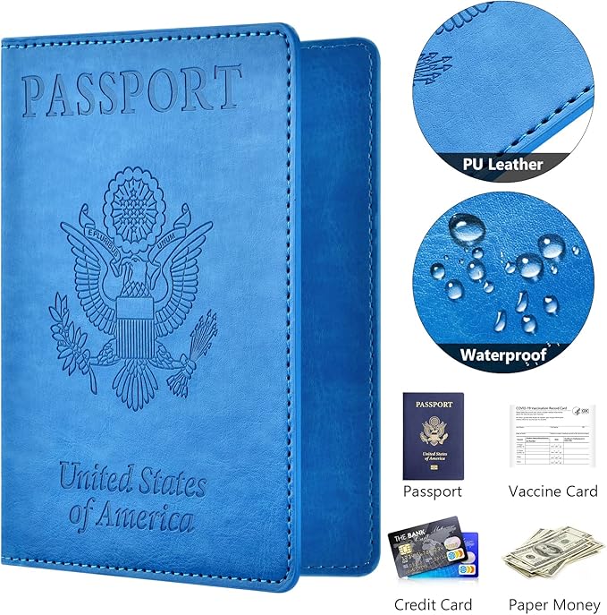 Eoehro Unisex-Adult Passport and Vaccine Card Holder Combo, Sky Blue, Faux Leather, RFID Protected
