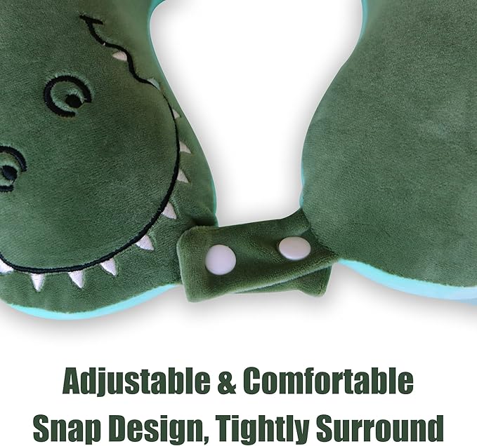 Sexysamba Cartoon Headrest & Neck Pillow for Kids Boys & Girls, Teens, Travel Accessories for Airplane, Car, Recline, Memory Foam Cute Travel Pillow with Sleep Eye Mask - Dinosaur