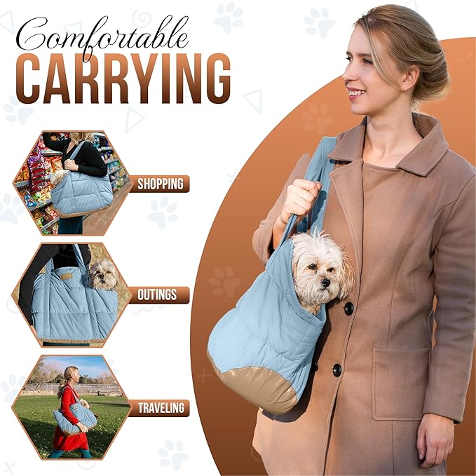 NoblePup Plush Dog Purse Carrier for Small Dogs, Soft Dog Tote Bag with Safety Harness Clip, Cozy Pet Carrier for Dogs Under 15 lbs, Comfortable Dog Shoulder Carrier for Travel, Light Blue