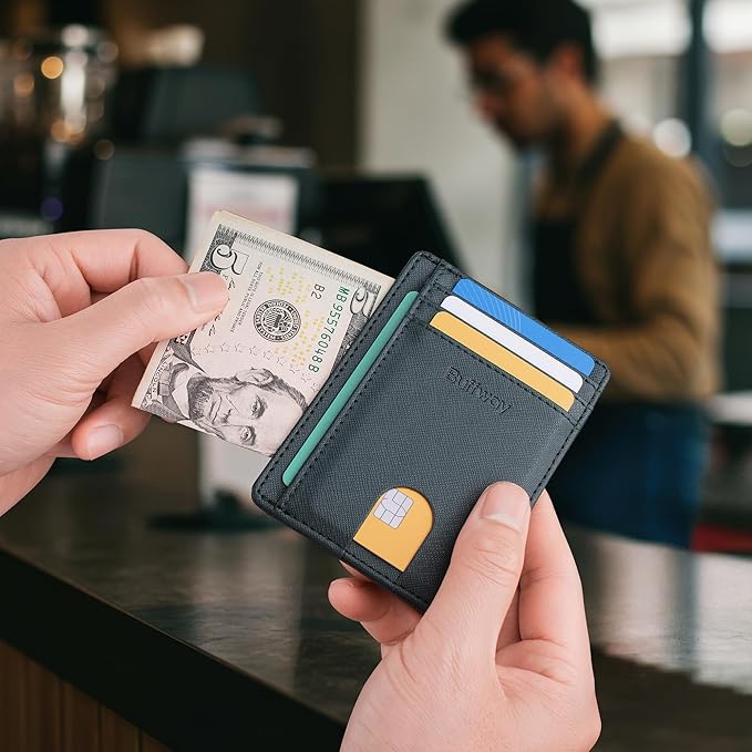 Buffway Slim Minimalist Front Pocket RFID Blocking Leather Wallets for Men and Women - Cross Blackish Green