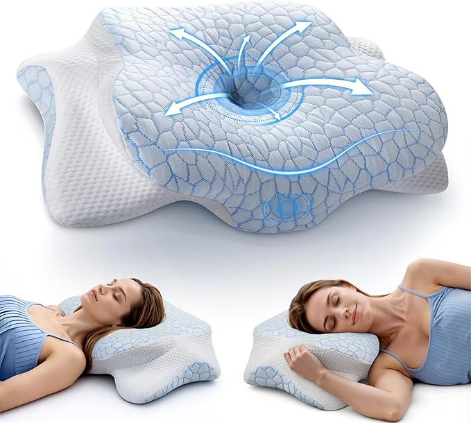 JINXIA Cervical Neck Pillow for Neck and Shoulder, Odorless Memory Foam Pillow with Soft Silk Cover, Ergonomic Orthopedic Neck Support Pillow for Side, Back & Stomach Sleepers - White