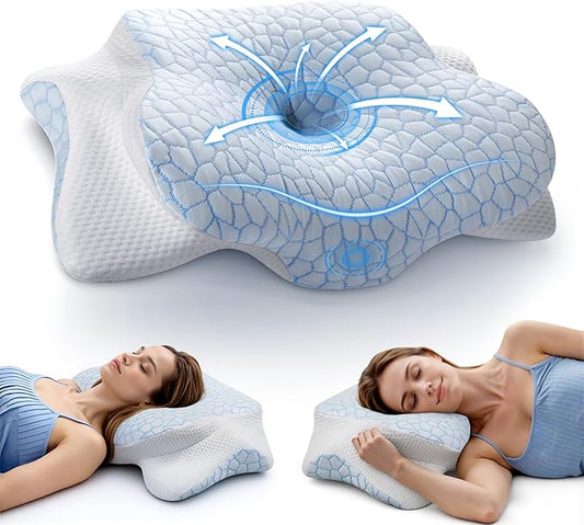 JINXIA Cervical Neck Pillow for Neck and Shoulder, Odorless Memory Foam Pillow with Soft Silk Cover, Ergonomic Orthopedic Neck Support Pillow for Side, Back & Stomach Sleepers - White