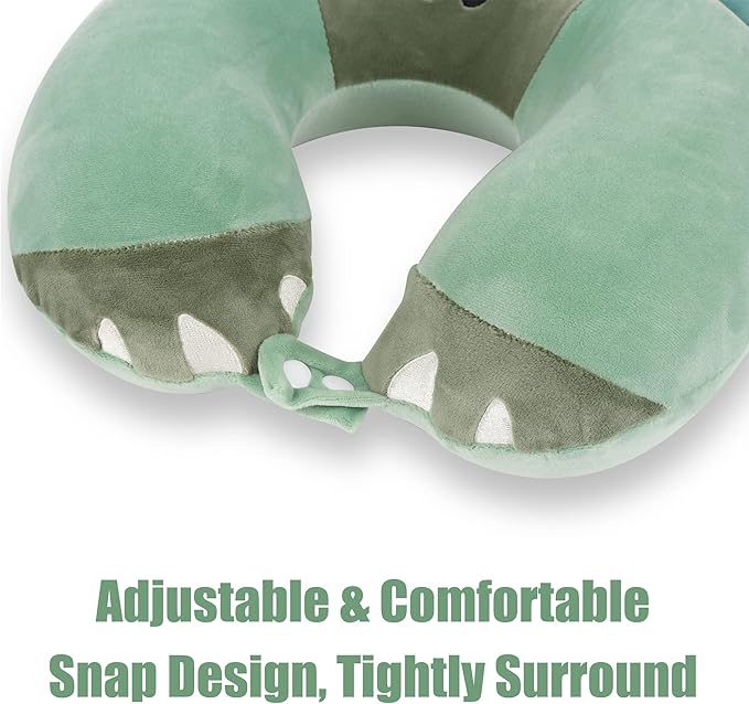 Sexysamba Cartoon Headrest & Neck Pillow for Kids Boys & Girls, Teens, Travel Accessories for Airplane, Car, Recline, Memory Foam Cute Travel Pillow with Sleep Eye Mask - Green Triceratops