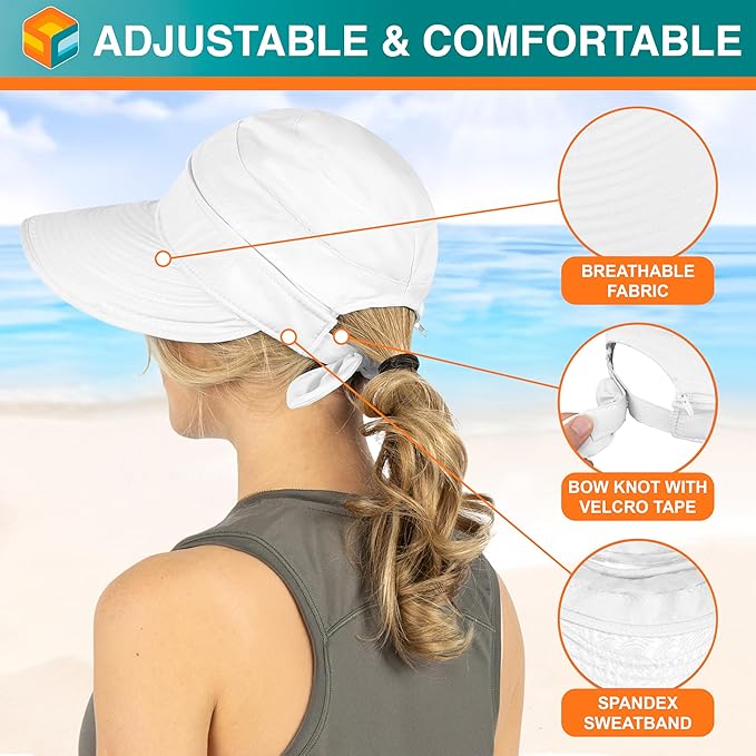 SUN CUBE Women Sun Hat for Outdoor UV Protection, Wide Brim Sun Hat Ponytail, Convertible Zip-Off Beach Hat Visor