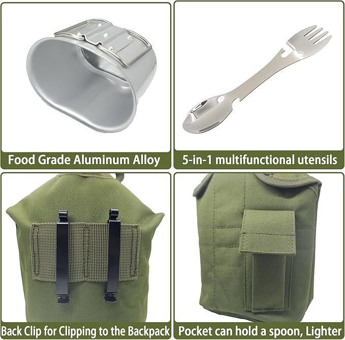 ShenDu Military Canteen, WWII US GI Style 1 Quart Water Canteen Kit with Aluminum Canteen Cup, Stainless Steel Spork & Cover for Camping, Hiking, Backpacking