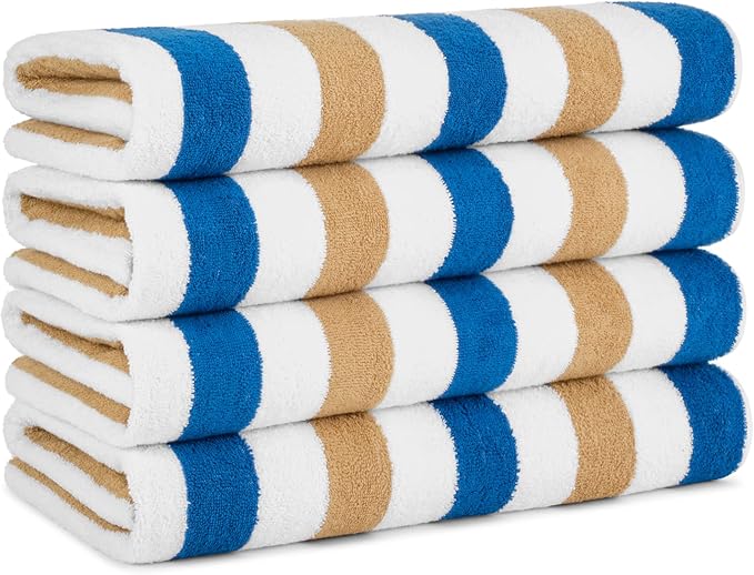 Arkwright Cabo Cabana Stripe Beach Towel - Pack of 4 - Large Soft Quick Dry Cotton Terry Towels for Pool, Swim, and Hot Tub, Oversized 30 x 70 in, Royal Blue/Café Ole