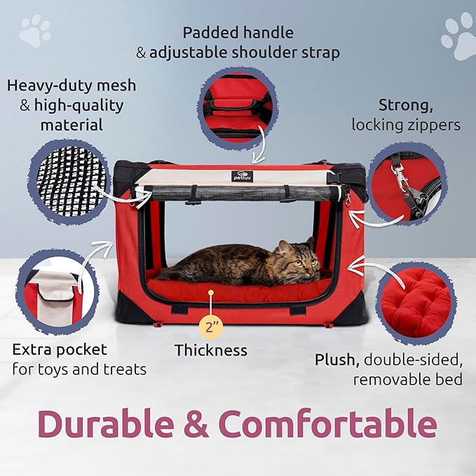 Cat & Dog Pet Carrier, Soft-Sided, Medium 20"x13"x13" Fits Most Cats or Small Dog, Comfortable for Travel & Vet Visits, Privacy Windows, Removable Plush Bed, Locking Zippers, Folds Flat