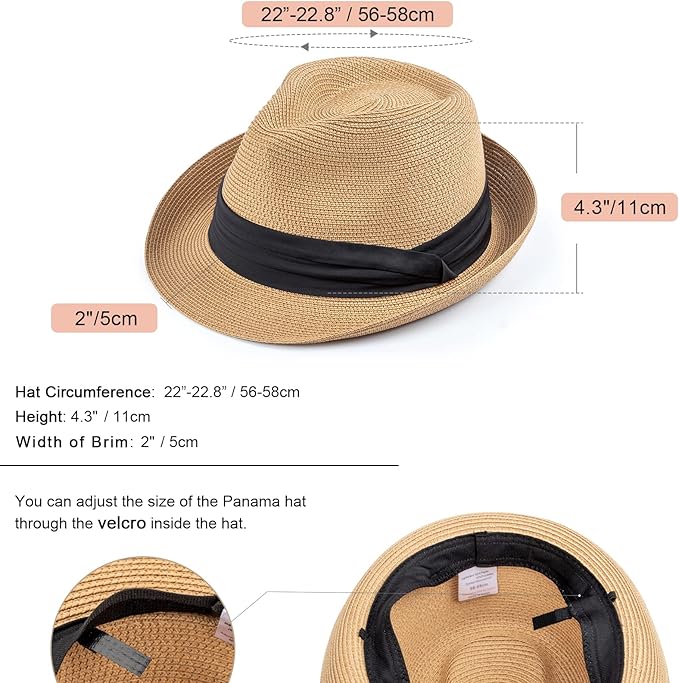 DRESHOW Women Straw Panama Hat Travel Fedora Beach Sun Hat Summer Wide Brim Straw Roll up Hat UPF 50+