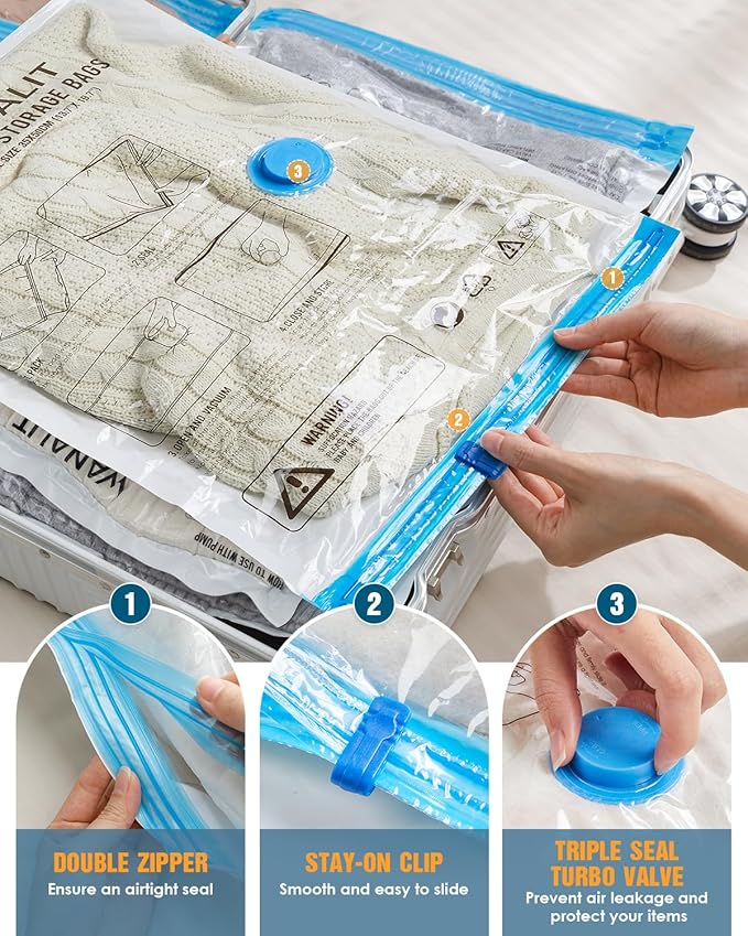 Vacuum Storage Bags for Travel, 12 Pack (4M+4S+4XS) Vacuum Seal Bags with Wireless Rechargeable Electric Pump, Travel Essentials Space Saving Bag for Clothes, Luggage, Carry-on Suitcase, Backpack