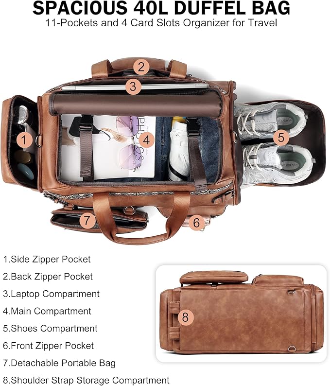 FADEON Duffle Bag for Women, Large Convertible Carry on Overnight Backpack, Designer Leather Mens Weekend Bags for Travel