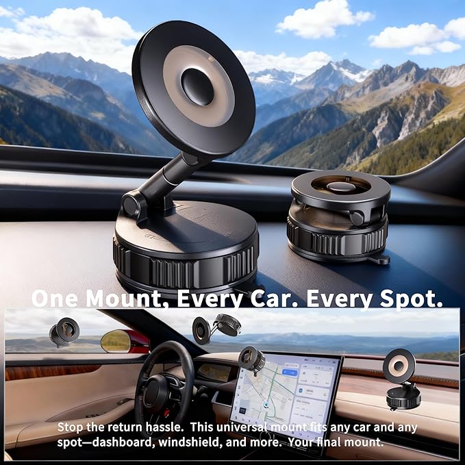 RayLink [Ultra Strong 120LB Vacuum Suction & 2800gf Magnet] Magnetic Phone Holder for You Car, 360° Adjustable for MagSafe Compatible Car Phone Mount for iPhone 17/16/15/14/13/12 Pro Max Plus