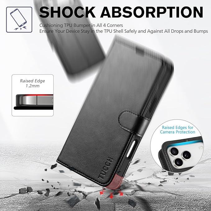 TUCCH Wallet Case for iPhone 17 Pro Max (6.9") 2025, RFID Blocking 4 Card Holders | Kickstand | Shockproof TPU Shell | PU Leather | Magnetic Closure | Protective Flip Folio Cover | Black