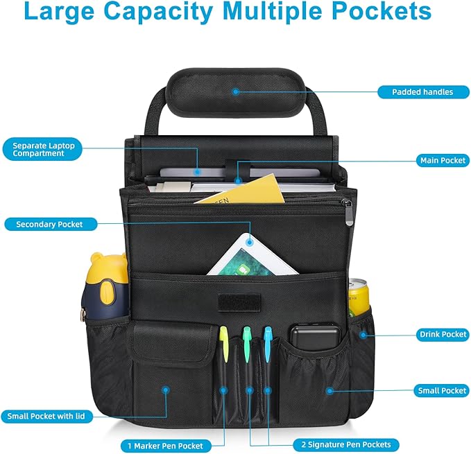 Car Front Seat Organizer| Efficient Car Organizers and Storage | Laptop,Tablet Pockets, Adjustable Straps,Kid-Friendly, Multi-Pocket, Cup Holders, Sturdy and Durable, Black