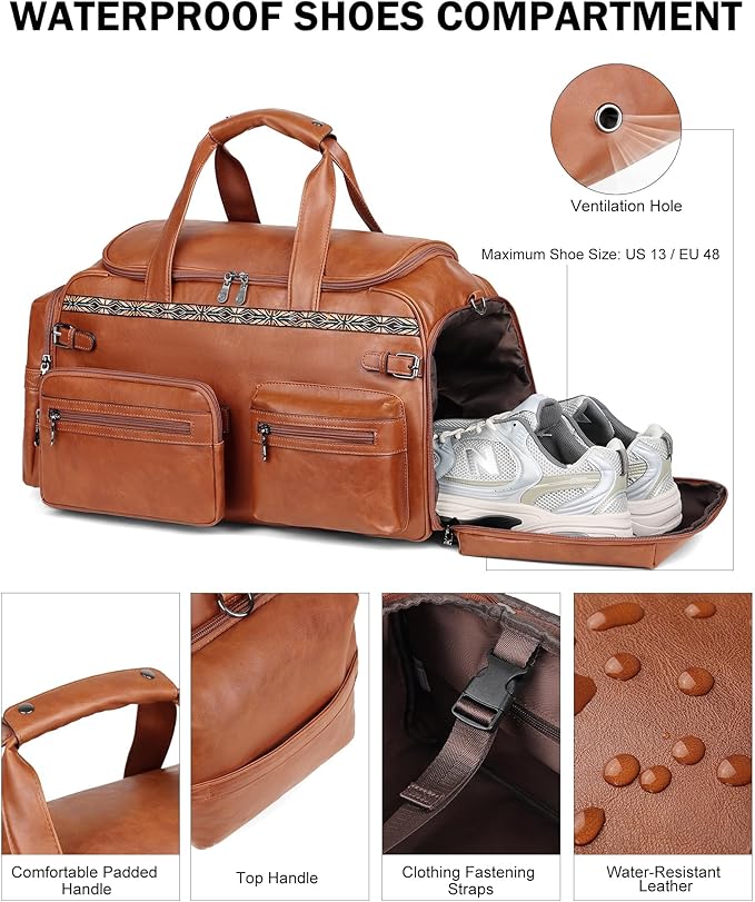 FADEON Duffle Bag for Women, Large Convertible Carry on Overnight Backpack, Designer Leather Mens Weekend Bags for Travel