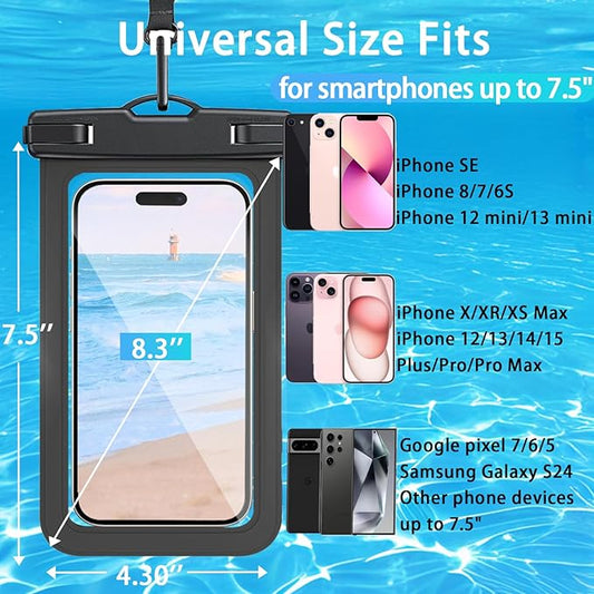 2 Pack Waterproof Phone Pouch with Adjustable Lanyard for iPhone 17 16 15 14 13 12 Pro Max, for Samsung Galaxy S25/S24 up to 7.5", IPX8 Water Proof Phone Case Dry Bags Black/Black