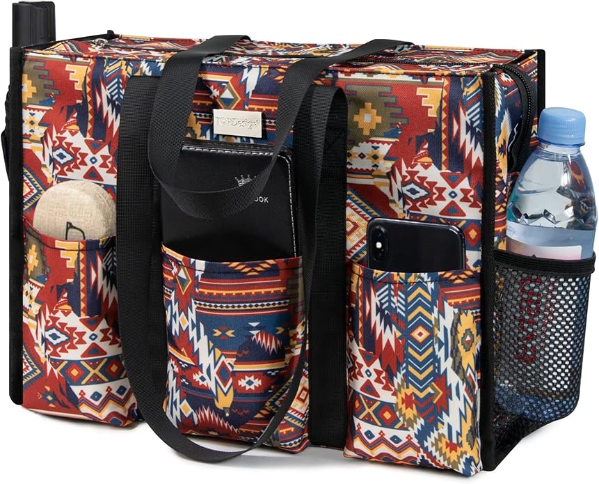 TOPDesign Utility Water Resistant Tote Bag with 13 Pockets, Top Zipper Closure & Thick Bottom Support, for Working Women