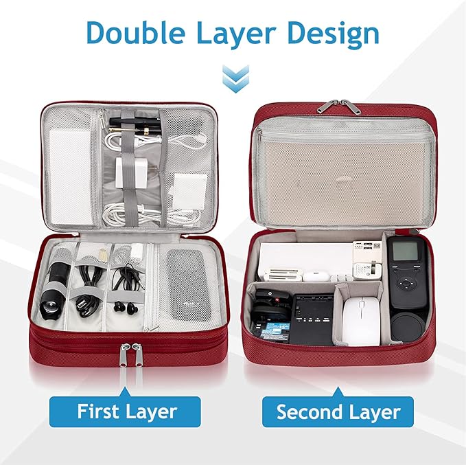 Electronics Travel Organizer, Double Layer Cable Organizer Bag Waterproof Electronics Accessories Storage Bag for Charger, Phone, Power Bank, Hard Drive, Cord, Tablet
