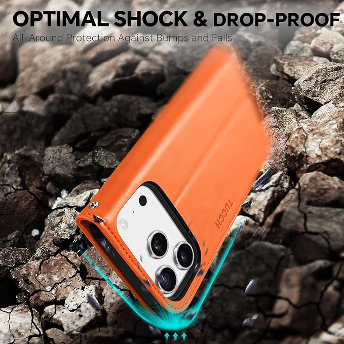 TUCCH Detachable Case Wallet for iPhone 17 Pro (6.3") 2025, Wrist Strap | 4 Card Slots RFID Blocking | Wireless Charging | Stand | 2-in-1 Magnetic | PU Leather | Shockproof Folio Cover | Orange
