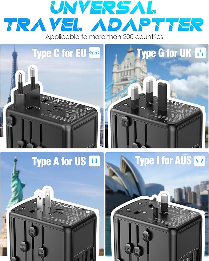 Universal Travel Adapter, 6.0A 30W 5 USB C/A Ports + 2500W AC Outlets, International Power Adapter for All USB Devices, Multi Plugs 110V 220V A/C, European Travel Plug Adapter for 200+ Countries