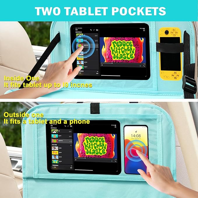 2Pack Car Backseat Organizer with Foldable Table Tray,6 Storage Pockets Car Storage Organizer with Tablet Holder,Car Seat Back Protectors Kick Mats Travel Accessories Blue
