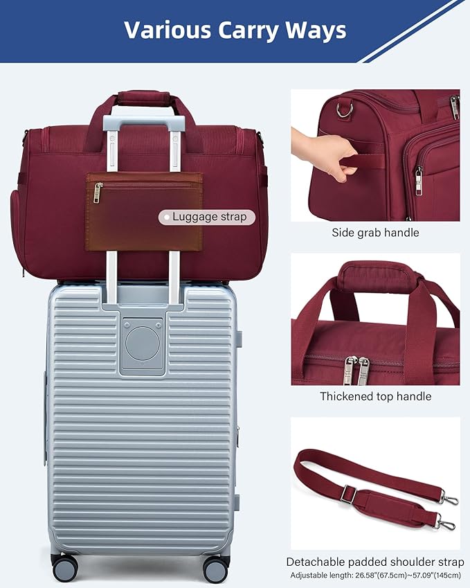 HanTrip Carry on Duffel Bag Foldable Duffle Bags for Travel, Large Personal Item Bags for Airplanes, Weekender Overnight Mens Travel Tote Bag for Women Softside Carry on Luggage (Burgundy)