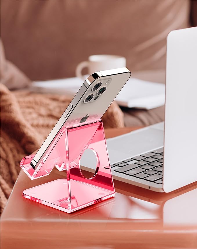 TOPGO Acrylic Cell Phone Stand, Clear Phone Holder for Office Desk, Vanity, Kitchen Counter, Bedside Table, Compatible with iPhone 17 16 15 14 13 12 Pro Max Plus/Smartphones/iPad/Switch/Kindle(Pink)