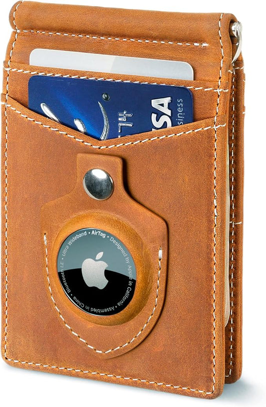 SERMAN BRANDS AirTag Wallet - RFID Blocking Mens Minimalist Money Clip Wallet for Airtag - Full Grain Leather Slim Bifold Front Pocket for Air Tag Wallets for Men. Gift (CA Desert Air)