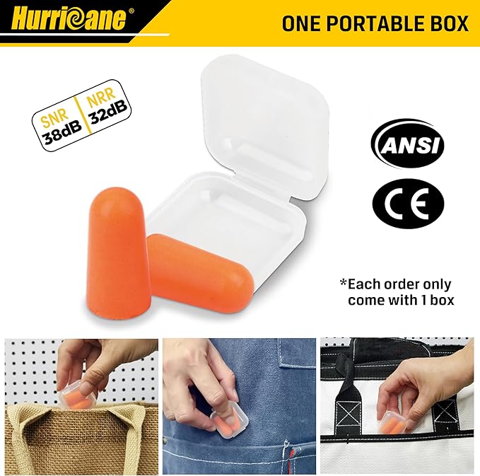 HURRICANE 100 Pairs Ear Plugs, Certified 32dB NRR Slow Release Comfortable PU Foam Earplugs for Noise Reduction, Work Snoring and Construction Loud Noise