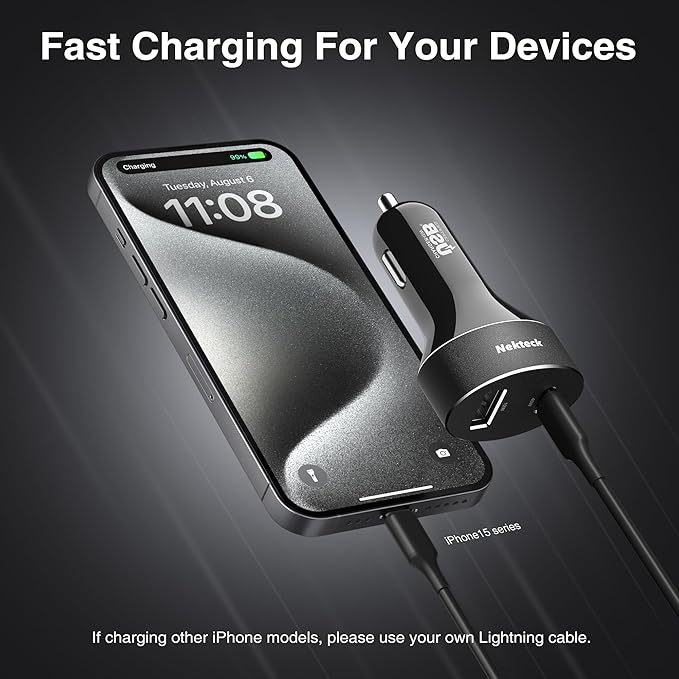 Type C Car Charger, Nekteck USB Adapter with 45W Power Delivery and 12W A Port Compatible with iPhone, iPad, MacBook, Galaxy, Google Pixel, 3.3ft Cable Included, NOT Ideal for Note10+PPS