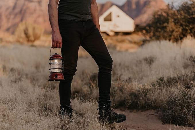 Barebones Forest Lantern – Red, Vintage Rechargeable LED Lantern with Adjustable Brightness – Battery Operated Camping Light for Outdoor Adventures, Backyard Gatherings, and Emergency Use