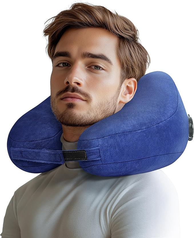 Travel Pillow Inflatable Neck Pillow Airplane Pillow with Velvet Cover Inflatable Pillow for Car/Train/Plane (Blue, M)