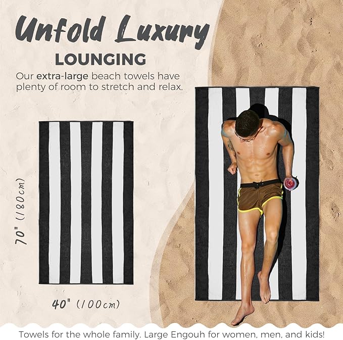 Cotton Oversized Beach Towel - 40 x70 Inch Extra Large Striped Pool Towel, Big Soft Terry Cloth Black Cabana Swim Towel