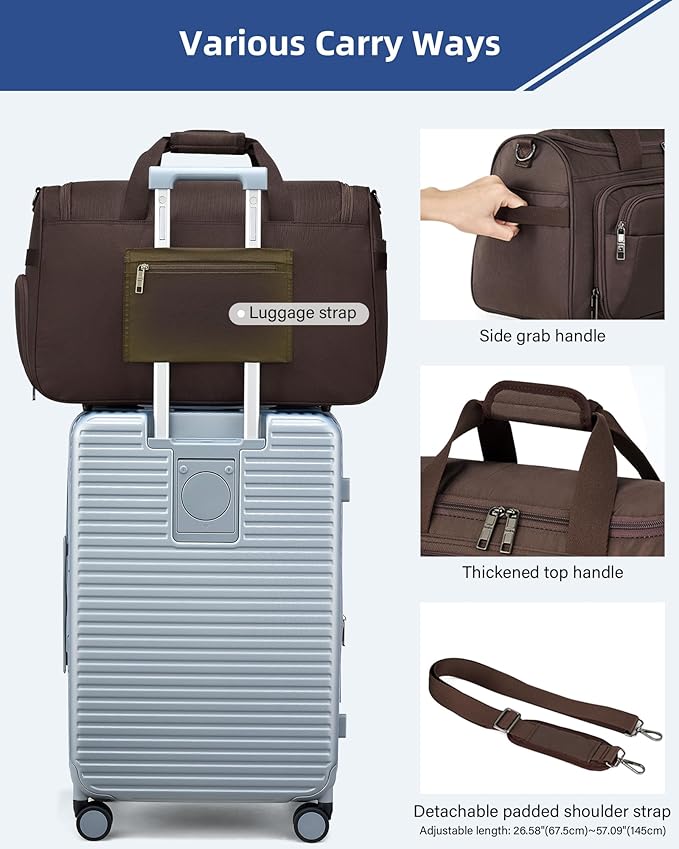 HanTrip Carry on Duffel Bag Foldable Duffle Bags for Travel, Large Personal Item Bags for Airplanes, Weekender Overnight Mens Travel Tote Bag for Women Softside Carry on Luggage (Coffee)