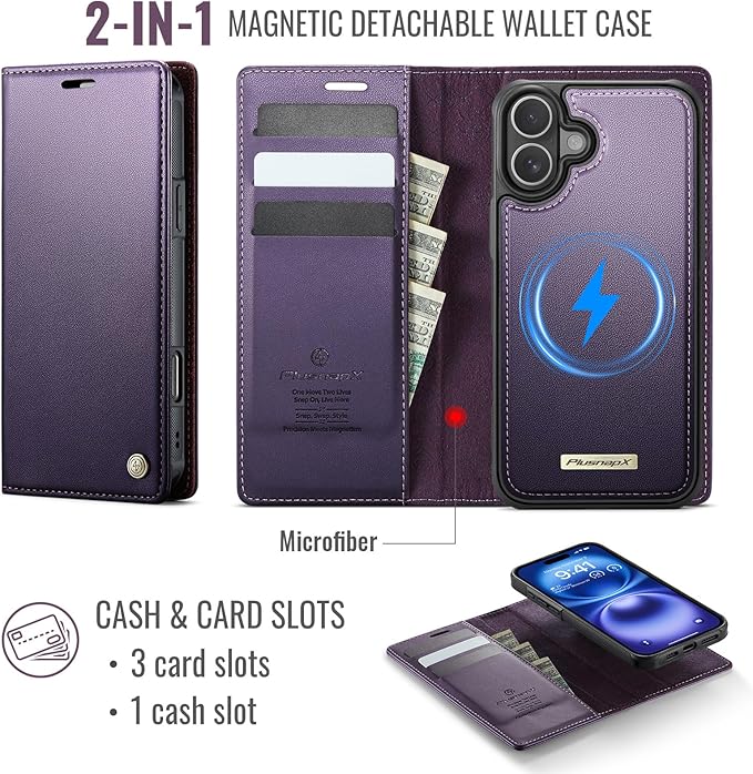 PlusnapX Wallet Case for iPhone 17 Compatible with Magsafe, 2-in-1 PU Leather Flip RFID Blocking Card Holder Stand Shockproof Magnetic Detachable Cover for iPhone 17 Case 6.3", Fashion Purple
