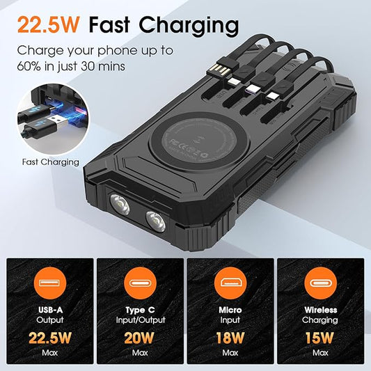 Solar Charger 49800mAh Power Bank - Wireless Portable Phone Charger with 4 Built-in Cable,22.5W Fast Charging Battery Pack USB C in/Output for All Cell Phone iPhone,Galaxy,Android,Etc(Black)