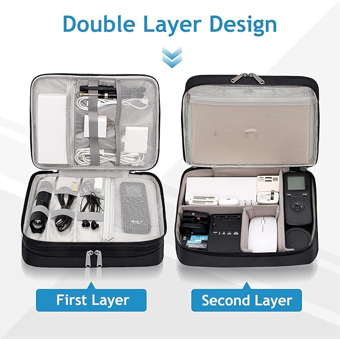 Electronics Travel Organizer, Double Layer Cable Organizer Bag Waterproof Electronics Accessories Storage Bag for Charger, Phone, Power Bank, Hard Drive, Cord, Tablet