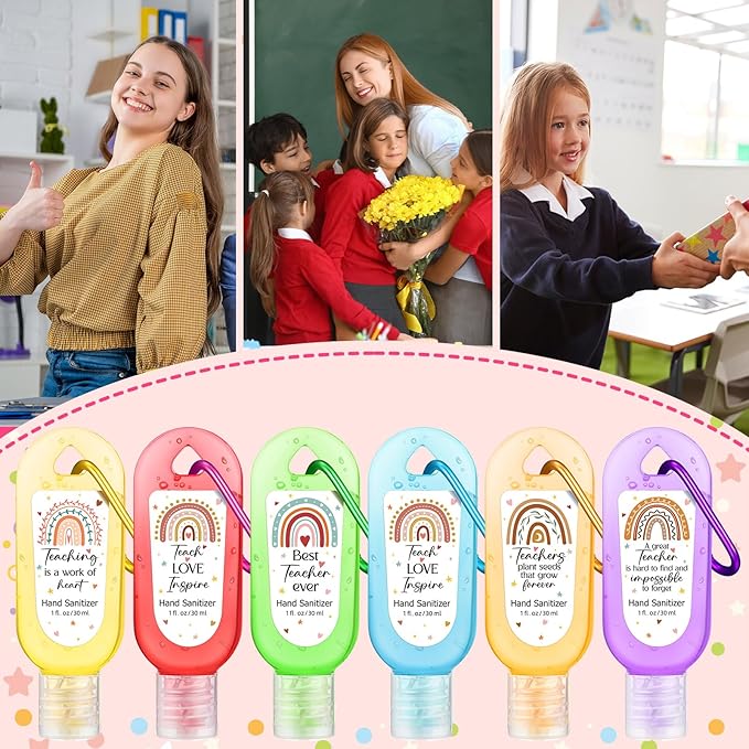 24 Packs Appreciation Teachers Hand Sanitizers Keychains Boho Rainbow Mini 1oz Travel Size Hand Sanitizer Bulk Appreciation Gifts for Teacher's Day Christmas Employees Women Gift