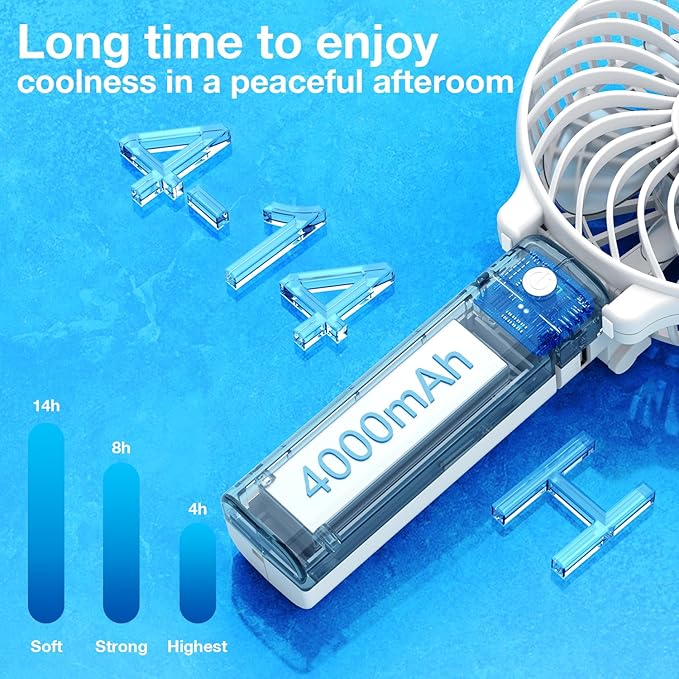VersionTECH. Portable Handheld Fan, Powerful+Durable+4000mAh+180° Foldable, Mini Table Fans with USB Rechargeable Battery Operated Cooling Accessories for Personal Use, Travel, Office White