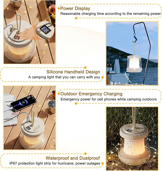 Camping Lantern with String Lights, 2 in 1 Outdoor Waterproof Portable Stowable String Light（32.8Ft）, 1800mAh Rechargeable Lantern with 3 Modes for Camping and Emergency Charging(1-Pack)