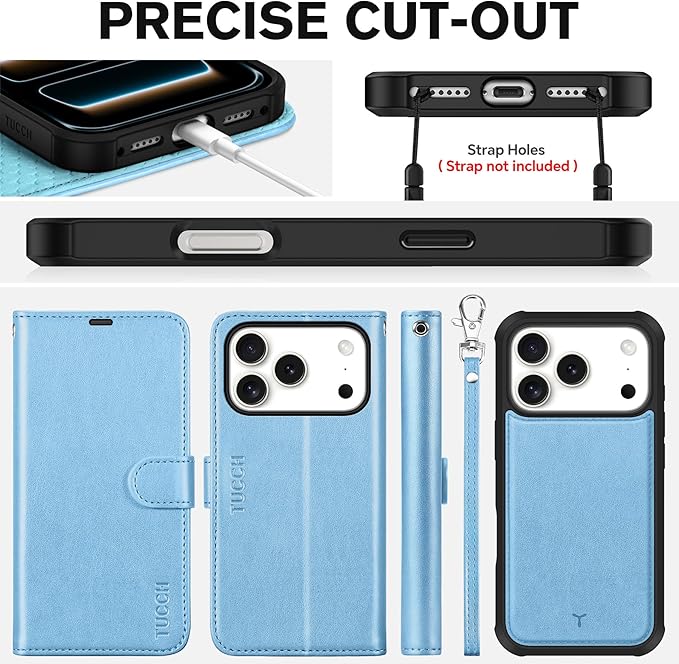 TUCCH Removable Case Wallet for iPhone 17 Pro (6.3") 2025, Detachable Wrist Strap, Wireless Charging, Stand, 4 Card Slots RFID Blocking, 2-in-1 Magnetic, PU Leather Shockproof Cover, Pearly Light Blue