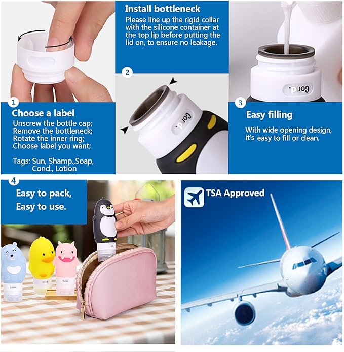 Cute Silicone Travel Size Bottles Set for Toiletries, BPA Free, Leak Proof Squeezable Travel Containers With Built-in Labels, TSA Approved Refillable Travel Essentials Accessories (4pcs)